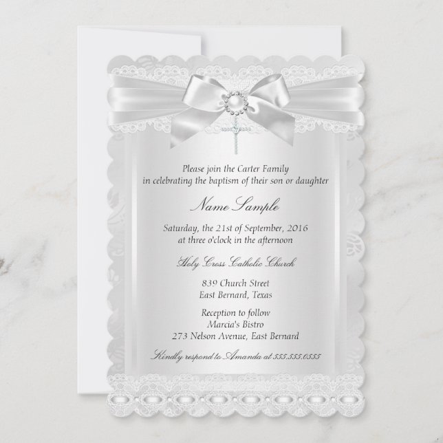 Invitation Photo de croix de dentelle blanche garçon ou fille (Devant)
