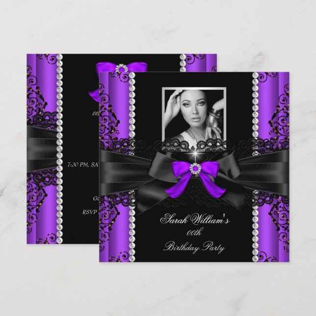 Invitation Photo de dentelle noire violet fête d'anniversaire (Devant / Derrière)