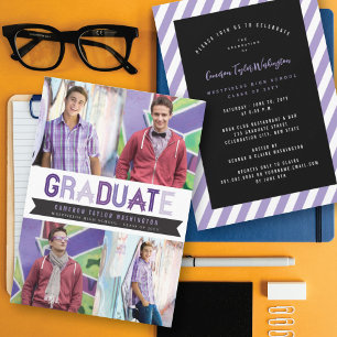 Invitation Photo de diplômé au ruban violet Fête de graduatio