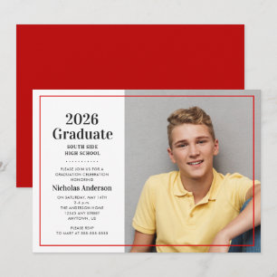 Invitation Photo de diplômé classique 2026 Rouge Diplômé
