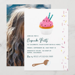 Invitation Photo de fête d'anniversaire avec Cupcake rose et 