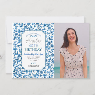 Invitation Photo de fête d'anniversaire Bleu et blanc Floral 