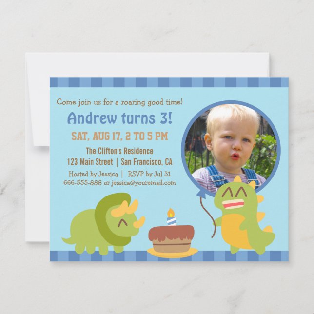 Invitation Photo de fête d'anniversaire de Cute Dinosaur (Devant)