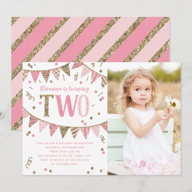 Invitation Photo de fête d'anniversaire de deux ans avec pail (Devant / Derrière)
