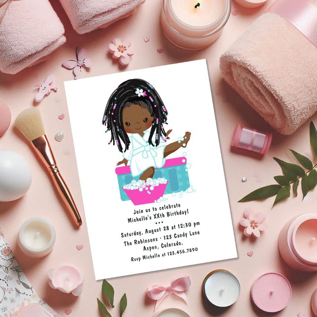 Invitation Photo de fête d'anniversaire de la mignonne fille  (Cute Black Girl Spa Sleepover Birthday Party Photo Invitation)