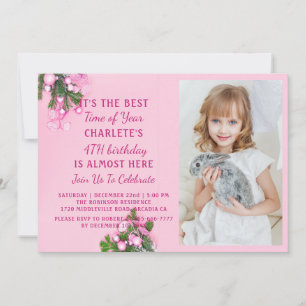 Invitation Photo de fête d'anniversaire de Noël rose girly qu