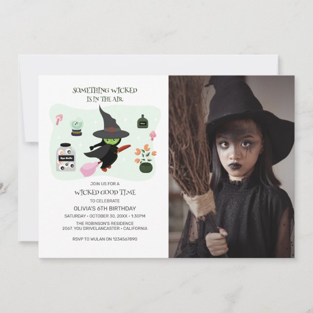 Invitation Photo de fête d'anniversaire de sorcière verte (Devant)