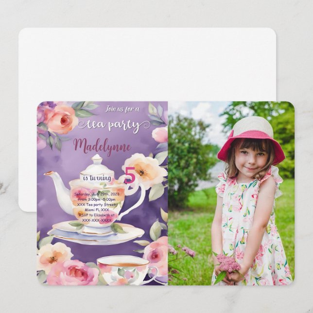 Invitation Photo de fête d'anniversaire de thé floral (Devant / Derrière)