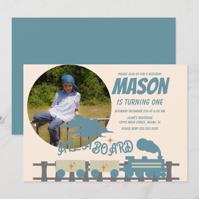 Invitation Photo de fête d'anniversaire enfantine Train Rétro (Devant / Derrière)