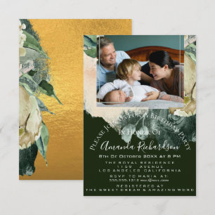 Invitation Photo de fête d'anniversaire Floral Gold Green enc