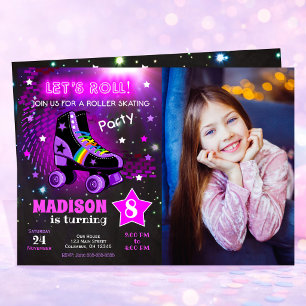 Invitation Photo de fête d'anniversaire néon de patin à roule