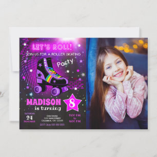Invitation Photo de fête d'anniversaire néon de patin à roule