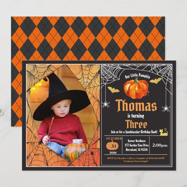 Invitation Photo de fête d'anniversaire pour enfant citrouill (Devant / Derrière)