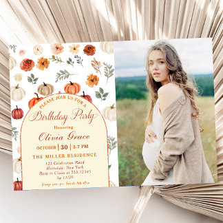 Invitation Photo de fête d'anniversaire rustique de citrouill