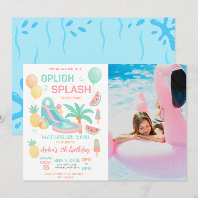Invitation Photo de fête d'anniversaire Splash Water Slide (Devant / Derrière)