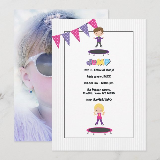 Invitation Photo de fête d'anniversaire sur trampoline (Devant / Derrière)