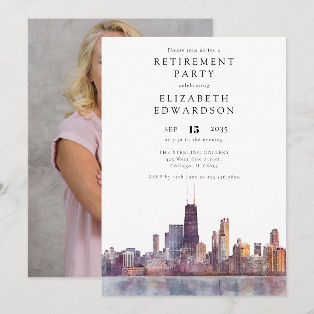 Invitation Photo de fête de retraite sur la skyline de Chicag (Devant / Derrière)