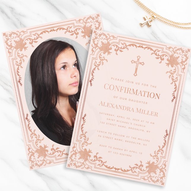 Invitation Photo de fille Confirmation Rose Or Elégant (Créateur téléchargé)
