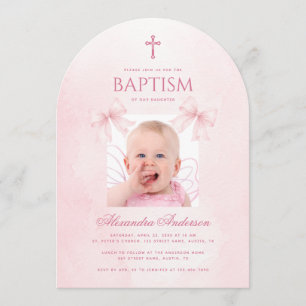 Invitation Photo de fille pour baptême avec rubans roses et é