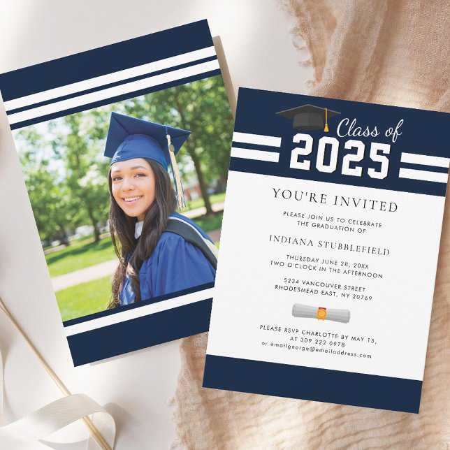 Invitation Photo de fin d'études 2025 Navy Blue Grad Party (Graduation Photo 2025 Navy Blue Grad Party Invitation)