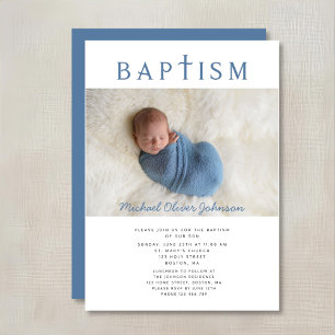 Invitation Photo de garçon de baptême croix religieuse bleue