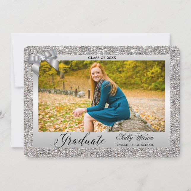 Invitation Photo de graduation de Faux Silver Sequins Bow Gir (Devant)