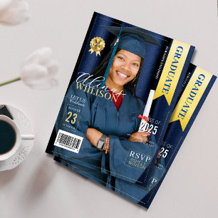 Invitation Photo de graduation de la revue marine bleu et or