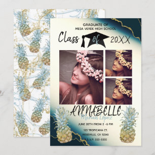 Invitation Photo de graduation de l'ananas Gold Sparkle Blue 