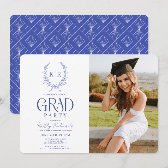Invitation Photo de graduation du Monogramme de la crête bota (Devant / Derrière)