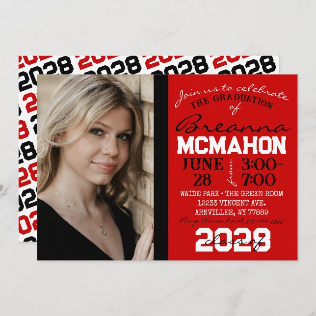 Invitation photo de graduation rouge, noir et blan ( Repeating Class Year 1 & 2 Photo Graduation Invitations & Announcements)