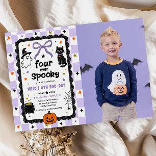 Invitation Photo de joyeux anniversaire Halloween Gingham Qua