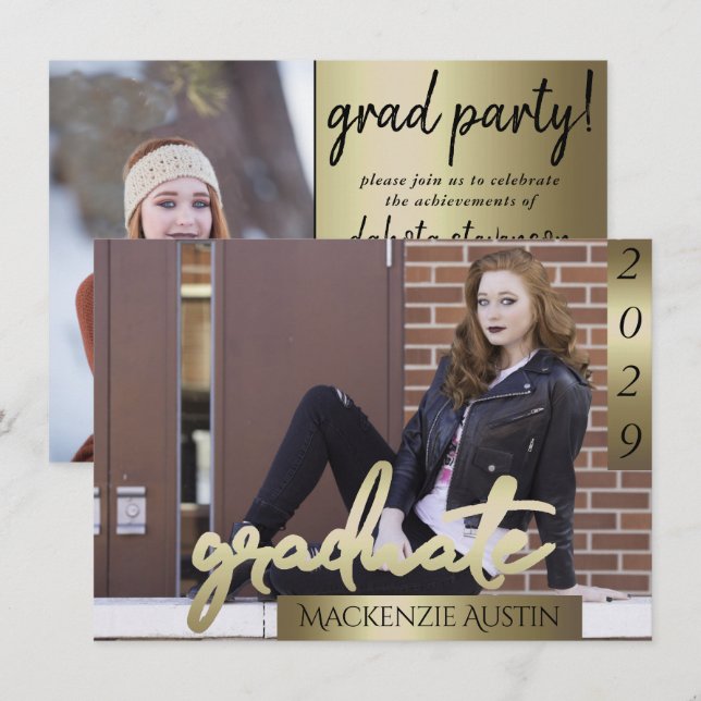 Invitation Photo de la 2e année | Gold Script Elegant Grad (Devant / Derrière)