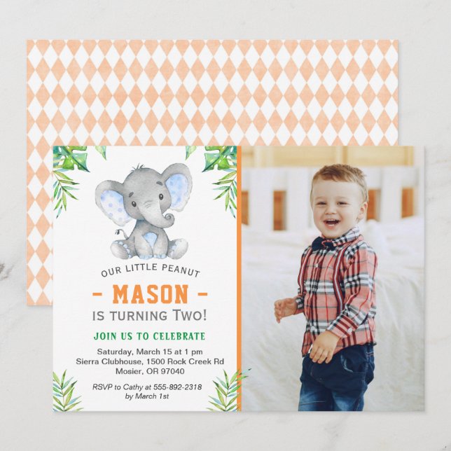 Invitation Photo de la fête d'anniversaire de l'éléphant Litt (Devant / Derrière)