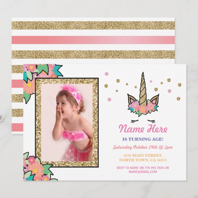 Invitation Photo de la fête d'anniversaire de l'Unicorne, que (Devant / Derrière)