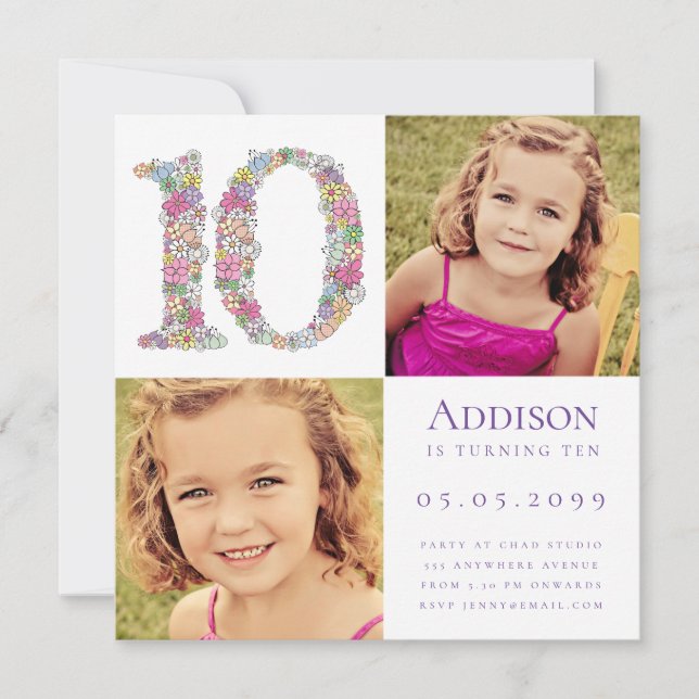 Invitation Photo de la fête d'anniversaire des 10e filles de  (Devant)