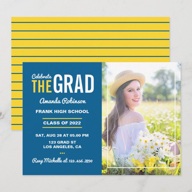 Invitation Photo de la fête de graduation bleu, jaune et blan (Devant / Derrière)