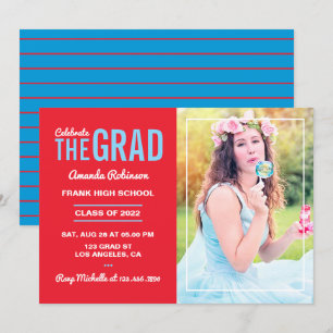Invitation Photo de la fête de graduation rouge bleu et ceris