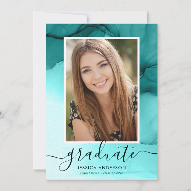 Invitation Photo de la fête de graduation Turquoise Blue Ink (Devant)