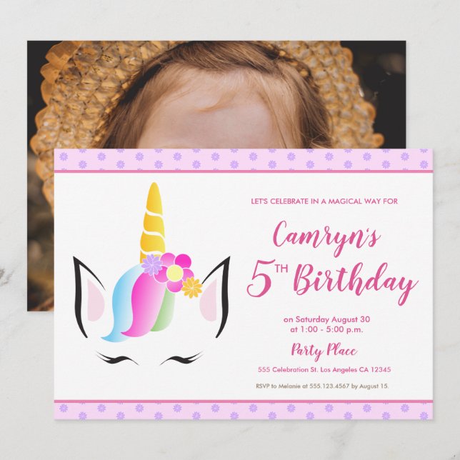 Invitation Photo de la fête du 5e anniversaire de la mignonne (Devant / Derrière)