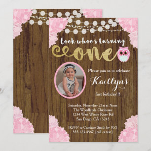 Invitation photo de la fille Owl First Birthday