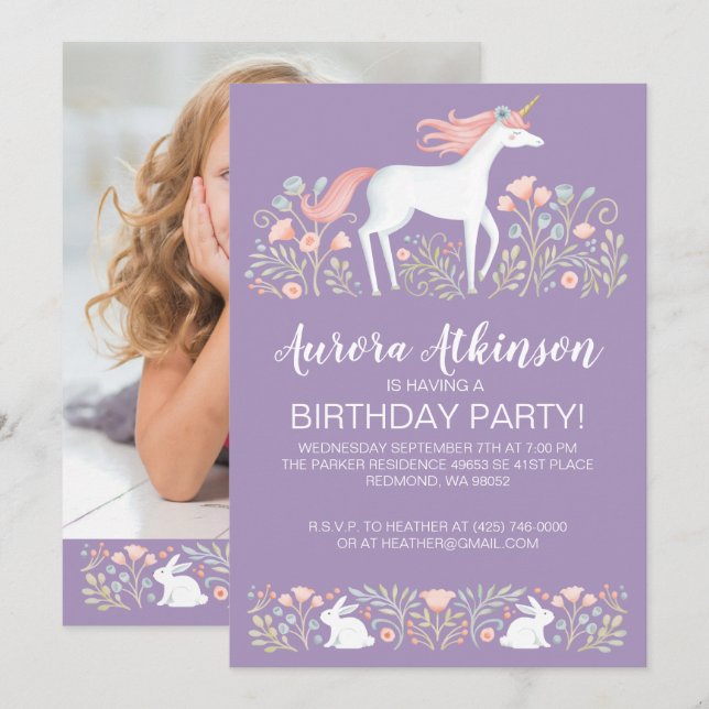 Invitation Photo de la licorne magique fête d'anniversaire (Devant / Derrière)