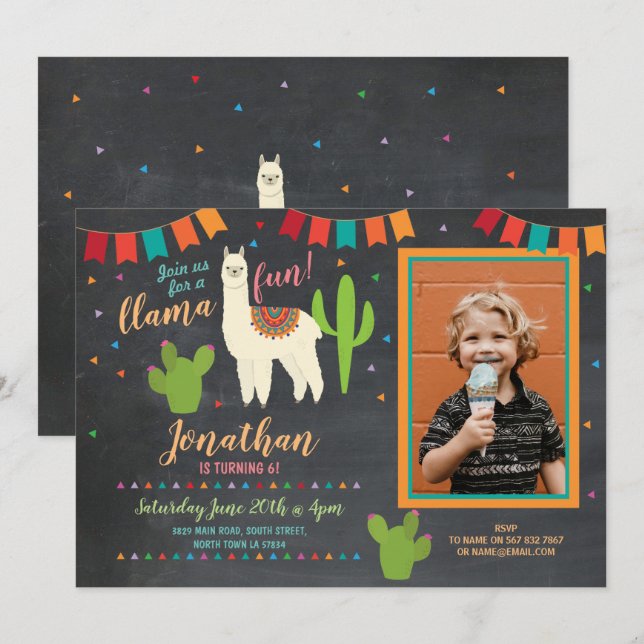 Invitation photo de la Llama Birthday Party Cactus (Devant / Derrière)