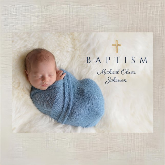 Invitation Photo de la marine Blue Religion Cross Boy Baptism (Navy Blue Religious Cross Boy Baptism Photo Invitation)
