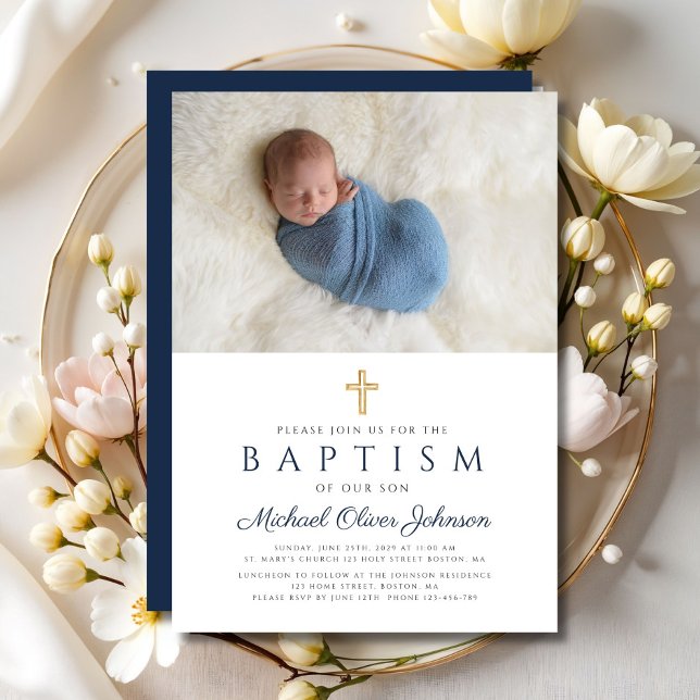 Invitation Photo de la marine Blue Religion Cross Boy Baptism (Navy Blue Religious Cross Boy Baptism Photo Invitation)