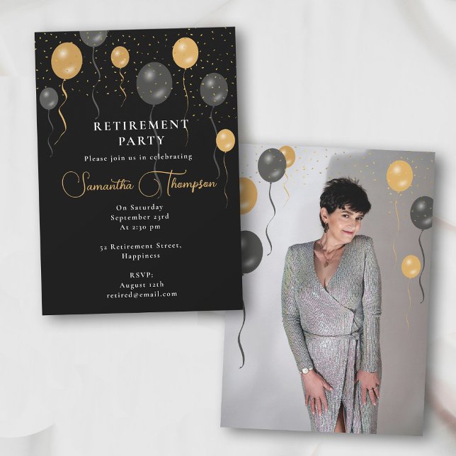 Invitation Photo de la partie de retrait des ballons noirs et (Black & Gold Balloons Retirement Party Photo Invitation)