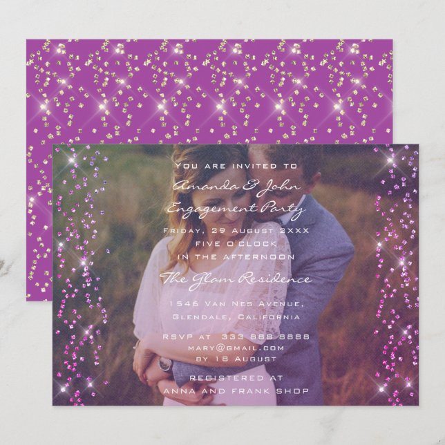 Invitation Photo de la partie d'engagement Purple Fuchsia Pin (Devant / Derrière)