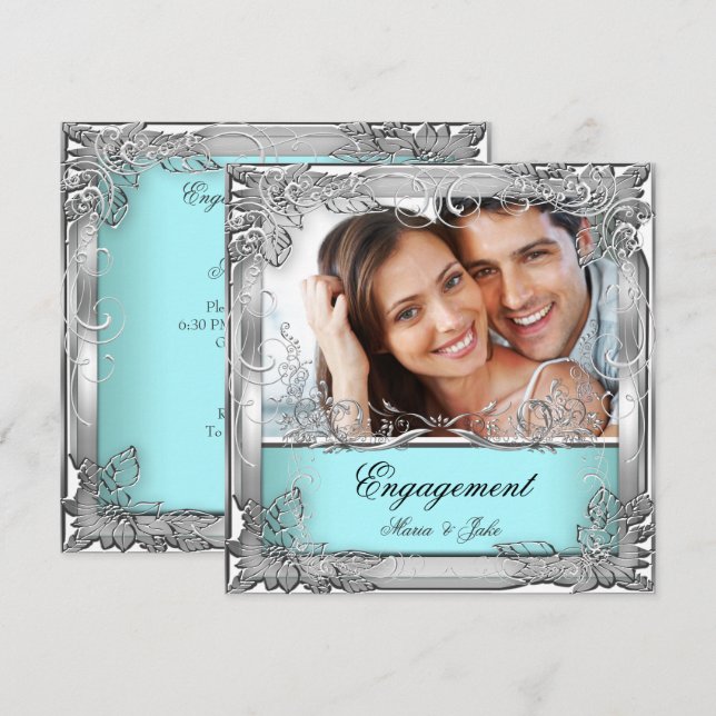 Invitation Photo de la partie d'engagement Turquoise blanc Si (Devant / Derrière)