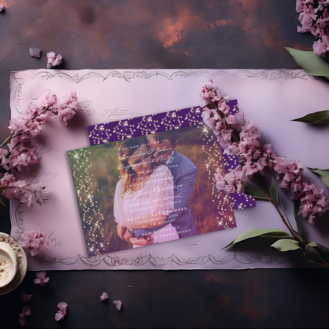 Invitation Photo de la partie d'engagement Violet violet or (Engagement Party Photo Purple Violet Gold Invitation)