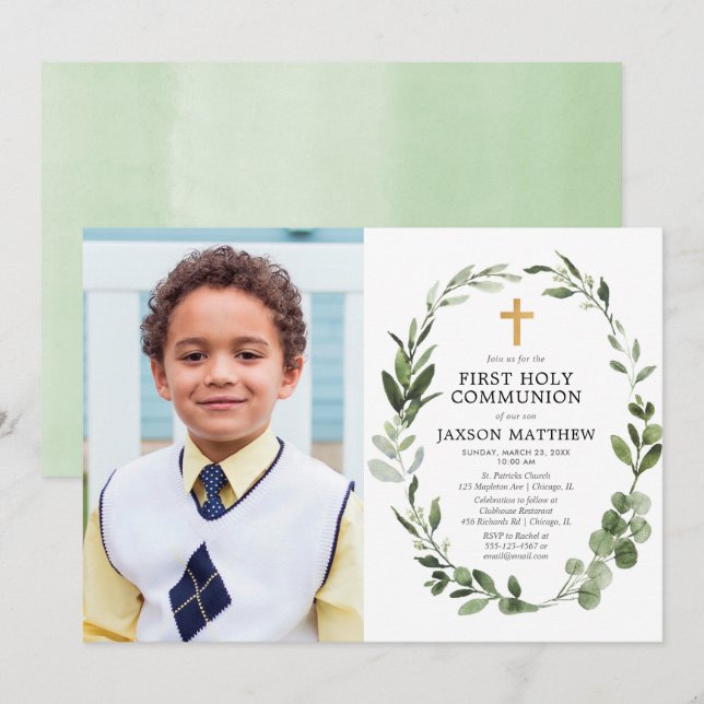 Invitation Photo de la première communion des eucalyptus mode (Devant / Derrière)