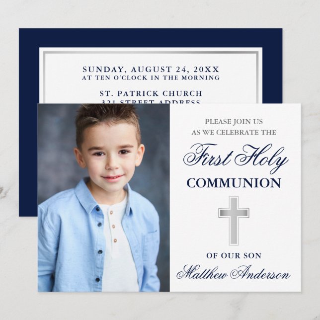 Invitation Photo de la première sainte communion bleu et arge (Devant / Derrière)